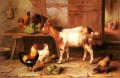 Cabras y gallinas alimentándose en una cabaña interior animales de granja Edgar Hunt